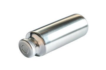 A sleek metallic battery resting on a white surface, showcasing modern design and technology isolated on transparent background