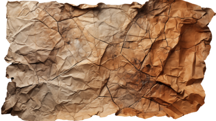 Aged Crumpled Paper Brown Grunge Texture, Vintage Crack Design for Backgrounds, isolated on transparent background.