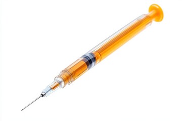 The vibrant syringe stands out with its orange liquid, highlighting the precision of medical tools isolated on transparent background