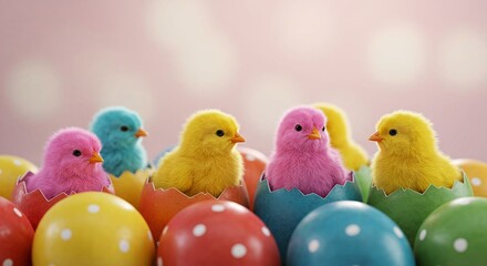 Fototapeta premium Colorful Easter Chicks in Decorated Eggs