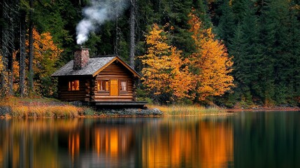 Obraz premium Rustic log cabin by autumn lake.