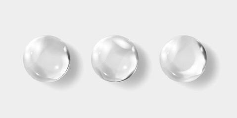 Transparent hyaluronic acid bubbles. Clear collagen drops. Cosmetic serum. Skin care product. Vector illustration