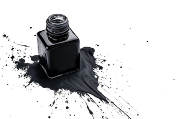 Black ink spills vibrant liquid on a smooth white surface, forming an abstract masterpiece isolated on transparent background