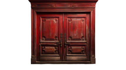 Fototapeta premium Antique Red Wooden Door Vintage Elegant Design, Rich Detailing for Home Interiors, isolated on transparent background.