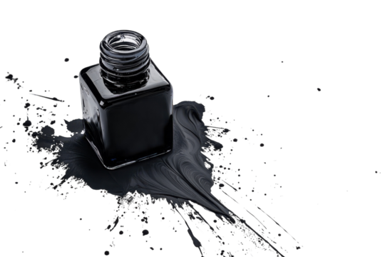 Black ink spills vibrant liquid on a smooth white surface, forming an abstract masterpiece isolated on transparent background
