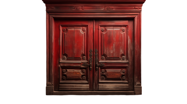 Antique Red Wooden Door Vintage Elegant Design, Rich Detailing for Home Interiors, isolated on transparent background. - Powered by Adobe