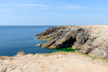 The rocks on the Beg-An-Aud point in Saint-Pierre-Quiberon in Europe, France, Brittany, Morbihan,...