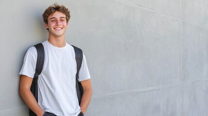 Confident male student on university campus with positive demeanor, relaxed