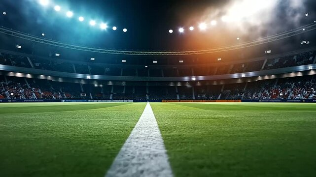 A dynamic versus background for a football match, with realistic details of a green field, dramatic shadows from overhead floodlights, and two colorful team logos clashing over a g