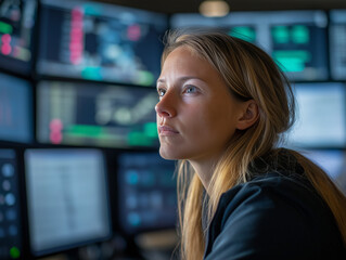A young woman thoughtfully observes data streams on multiple monitors in a control room.