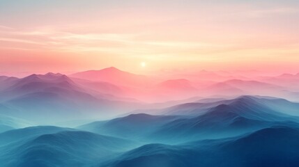 Fototapeta premium Misty mountain landscape with pink and blue pastel colors at sunset