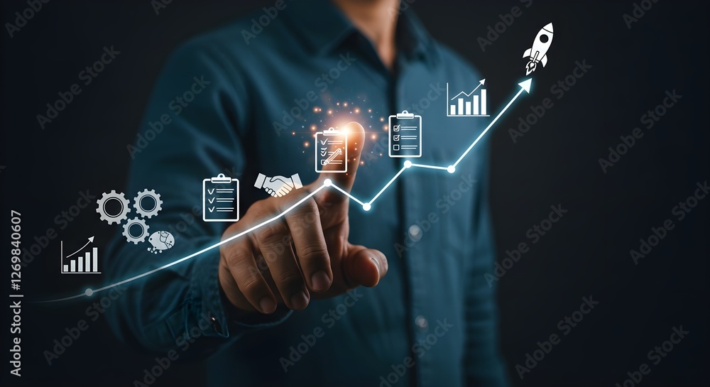 Poster a person pointing at a digital graph with icons representing growth, innovation, and data analysis i