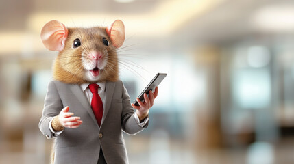 Business mouse in a suit holding a smartphone while engaged in conversation in a modern office setting