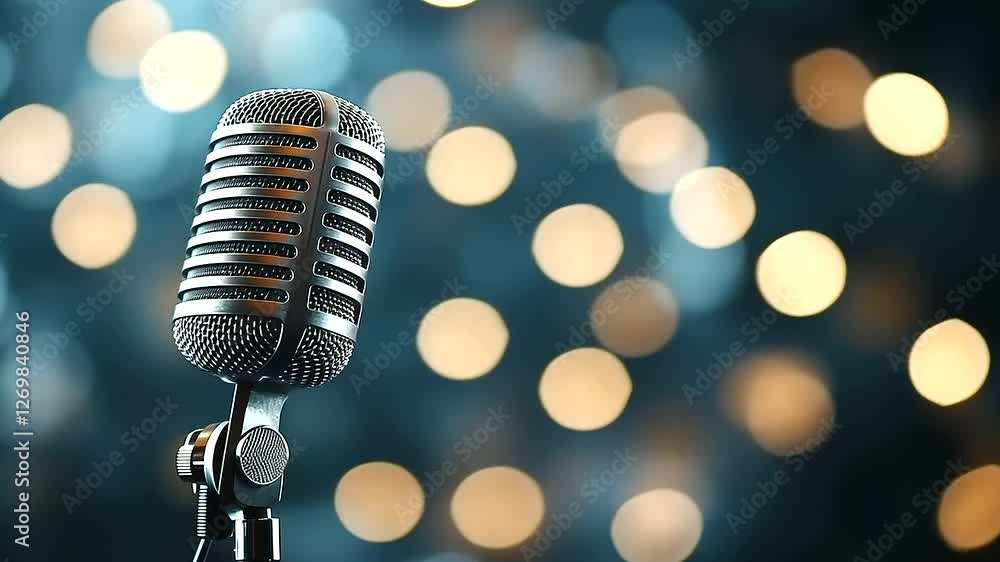 Poster a vintage microphone with a textured grip, set against a bokeh-filled background of shimmering light