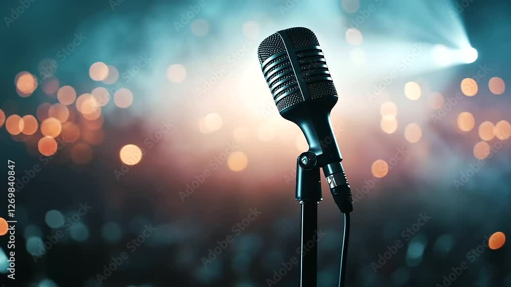 Aufkleber a dramatic image of a microphone tilted towards the audience, with a mesmerizing bokeh background in