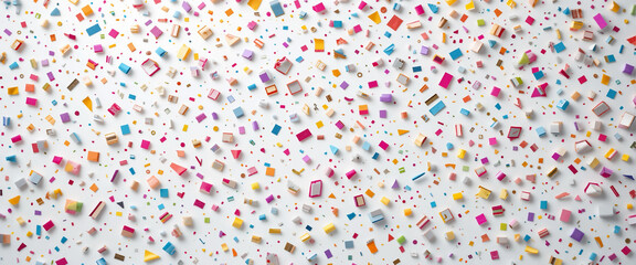 wide panoramic celebrity confetti background with small colorful pieces of paper floating in the air in white background  