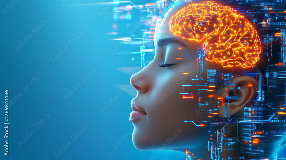 Poster exploring the connection between human cognition and artificial intelligence in a digital landscape