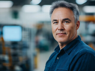 Obraz premium A confident, middle-aged man with graying hair stands in a factory setting. He looks directly at the camera.