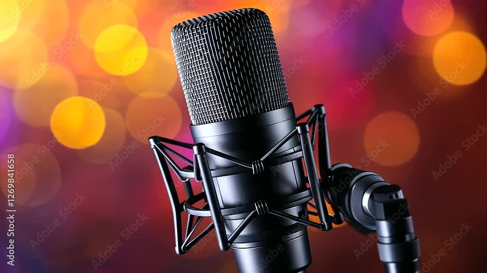 Poster a close-up of a professional microphone with a matte finish, standing out against a bokeh backdrop o