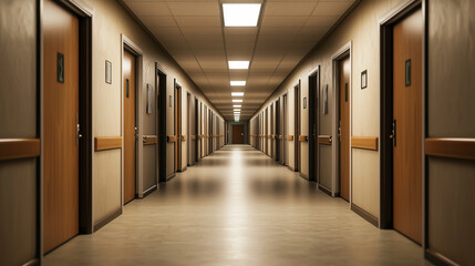 Dimly lit college dorm corridor with muted beige walls