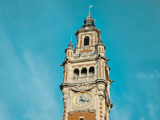 Lille Chamber of Commerce and Industry Nouvelle Bourse with bell tower on Place du Theatre square in historical city center, French Flanders, Nord department, Hauts-de-France Region, Northern France