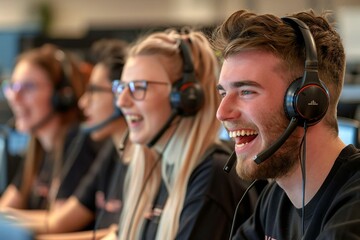 Attractive young telephonists in a call centre or client services help desk, laughing and wearing headsets, with some people wearing eyeglasses and a well-groomed beard is visible