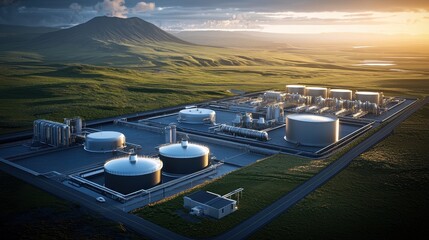 Aerial view of a modern industrial facility near a mountain, featuring large storage tanks and processing units amidst lush greenery.