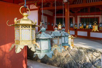 The outdoor lanterns of Kasuga Taisha Shrine in Nara in Asia, Japan, Kansai, Nara, in summer on a...