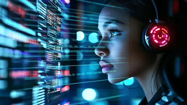 A futuristic woman wearing a sleek digital headset with glowing interfaces, her holographic display projecting data streams, symbolizing AI-driven communication innovation in a hig