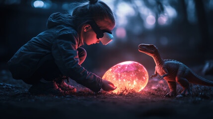 In the center of the virtual Jurassic park, A child wearing a VR headset, a child kneels before a glowing dinosaur egg. Baby dinosaur that playfully interacts with her.