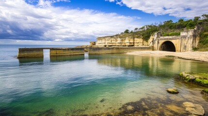 Obraz premium Coastal Architecture Meets Tranquil Seascape: A Stunning Coastal View