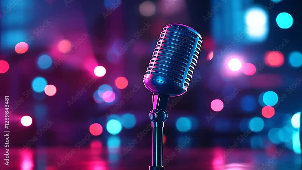 Poster a minimalist yet striking composition of a microphone on a stand with colorful bokeh lights, evoking