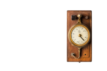 Antique brass barometer with wooden frame displayed against a white background in bright light isolated on transparent background