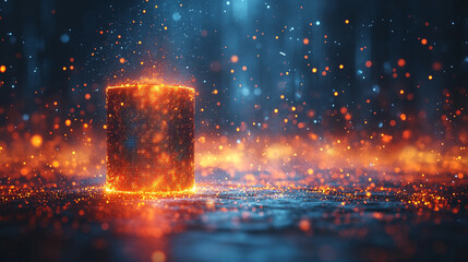 A glowing battery surrounded by digital particles, symbolizing advanced technology, energy innovation, and the future of sustainable power in a modern, futuristic world