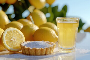 A delightful lemon still life: a glass of limoncello, a lemon tart dusted with sugar, and vibrant fresh lemons, bright and sunny summer refreshment.