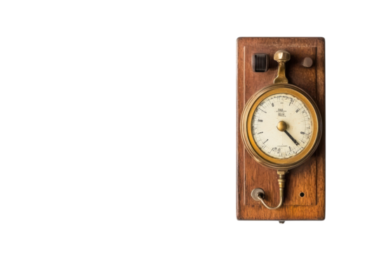 Antique brass barometer with wooden frame displayed against a white background in bright light isolated on transparent background
