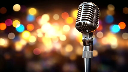 A retro-style microphone sharply contrasted against a bokeh background of vibrant stage lights, ideal for showcasing the fun and energy of an open mic or karaoke night