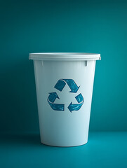 Recycle bin with recycling symbol on turquoise background.