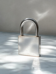 Naklejka premium Metal padlock on a light surface, casting shadows.