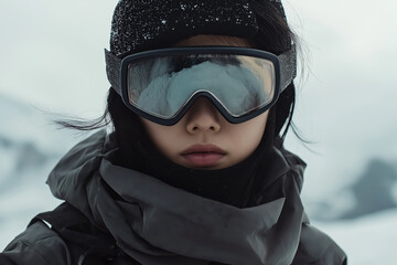fashion forward female skier in a sleek gray suit and reflective goggles, with the serene mountain landscape mirrored in her visor