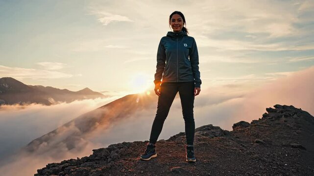 A Te Āti Awa woman stands on a rugged mountain peak at sunrise, surrounded by mist and golden light. She gazes confidently into the distance, embracing the moment. Empty space for text on the left