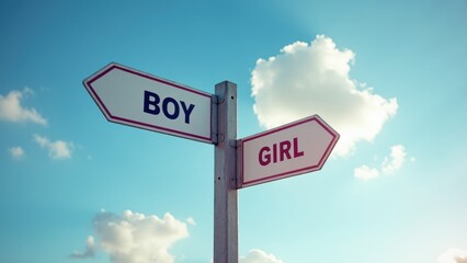 Fototapeta premium A Directional Sign Features Arrows Labeled 'BOY' and 'GIRL,' Set Against a Bright Blue Sky With Fluffy Clouds