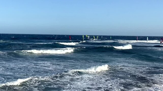 El Medano bay with many windsurfers in Tenerife, Canary Islands, Spain,4K video