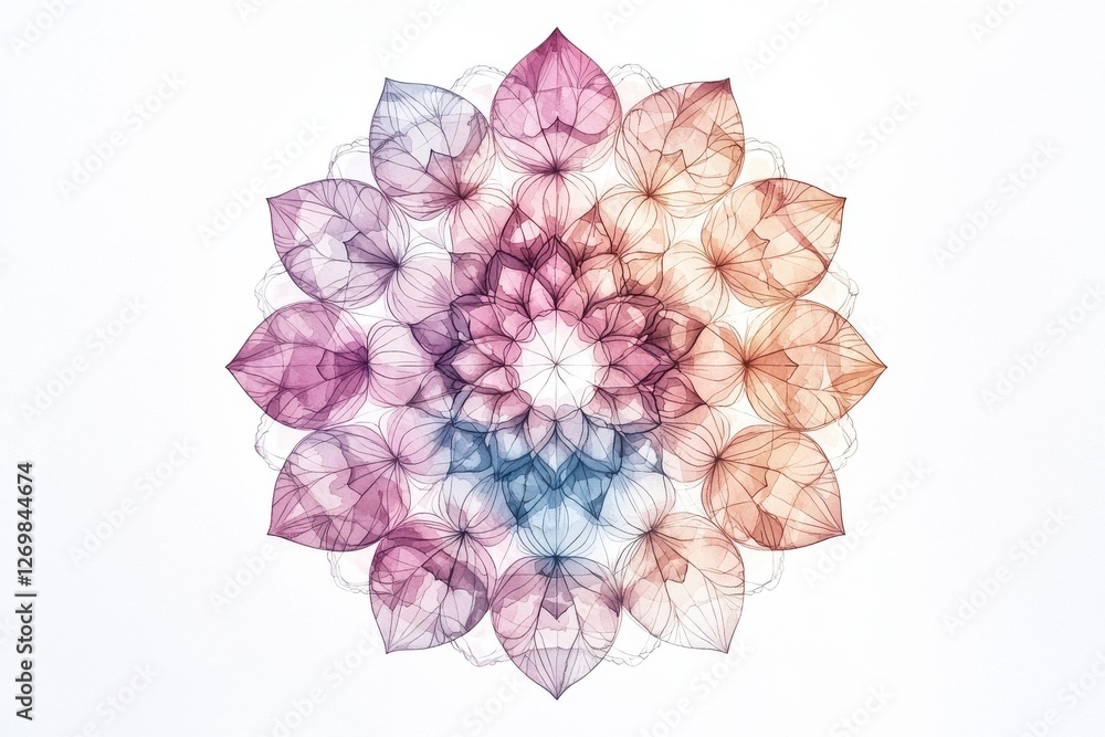 Poster Elegant watercolor mandala design featuring floral elements and a gradient of pastel colors, creating a visually stunning and harmonious pattern perfect for various creative projects.