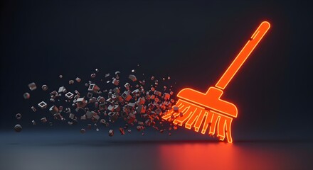 An orange broom sweeps away colorful debris, symbolizing cleaning and tidiness against a dark background.