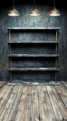 Empty Industrial Style Shelf Display, Rustic Interior