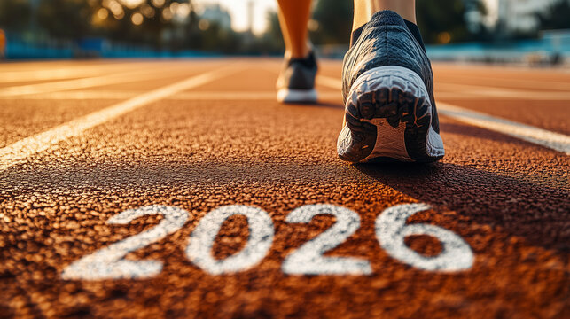 Una corredora se dispone a iniciar una carrera con el texto a&ntilde;o 2026
