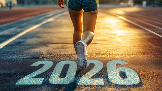 Una corredora se dispone a iniciar una carrera con el texto a&ntilde;o 2026