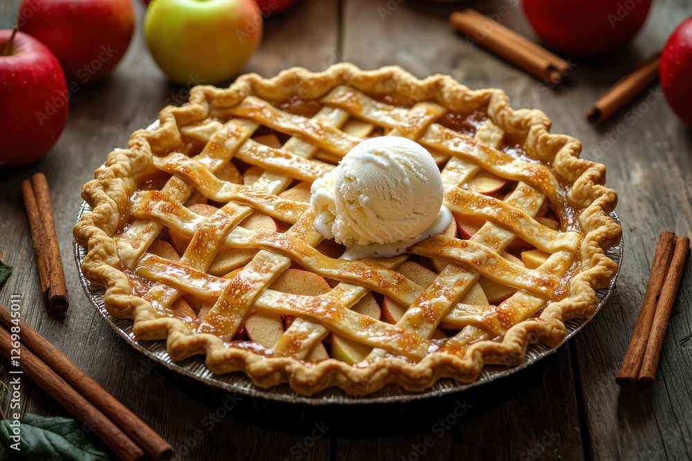 Poster a delightful close-up of a homemade apple pie with a lattice crust and a scoop of vanilla ice cream 