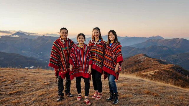 A Ngāi Tahu family stands on a mountain ridge in South Island, New Zealand, dressed in traditional woven cloaks. The golden hour light bathes them as they smile together